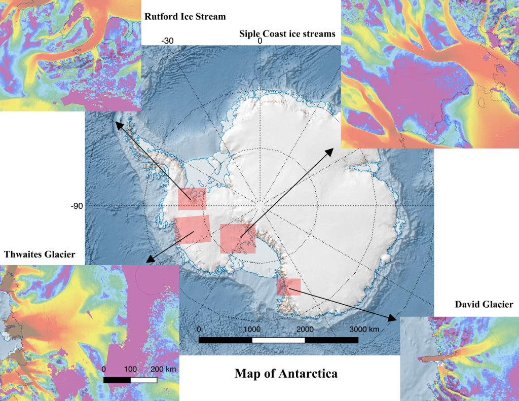 Antarctica map showing locations of Thwaites and David glacier as well as Rutford and Sipple coast ice streams